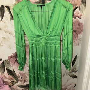Maje Green Ruched Wrap Dress with Bishop Sleeves